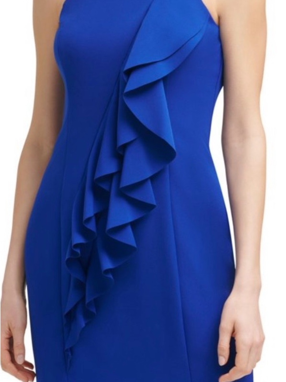 Blue Ruffle Front Sleeveless Sheath Dress